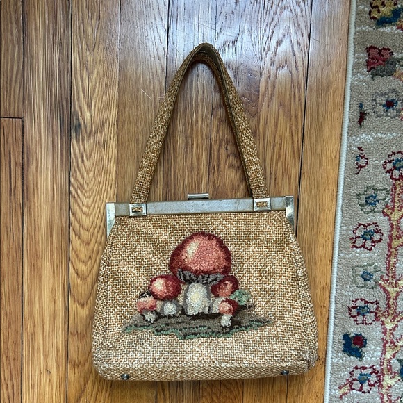 Handbags - Vintage Mushroom Embroidered Tan Handbag
